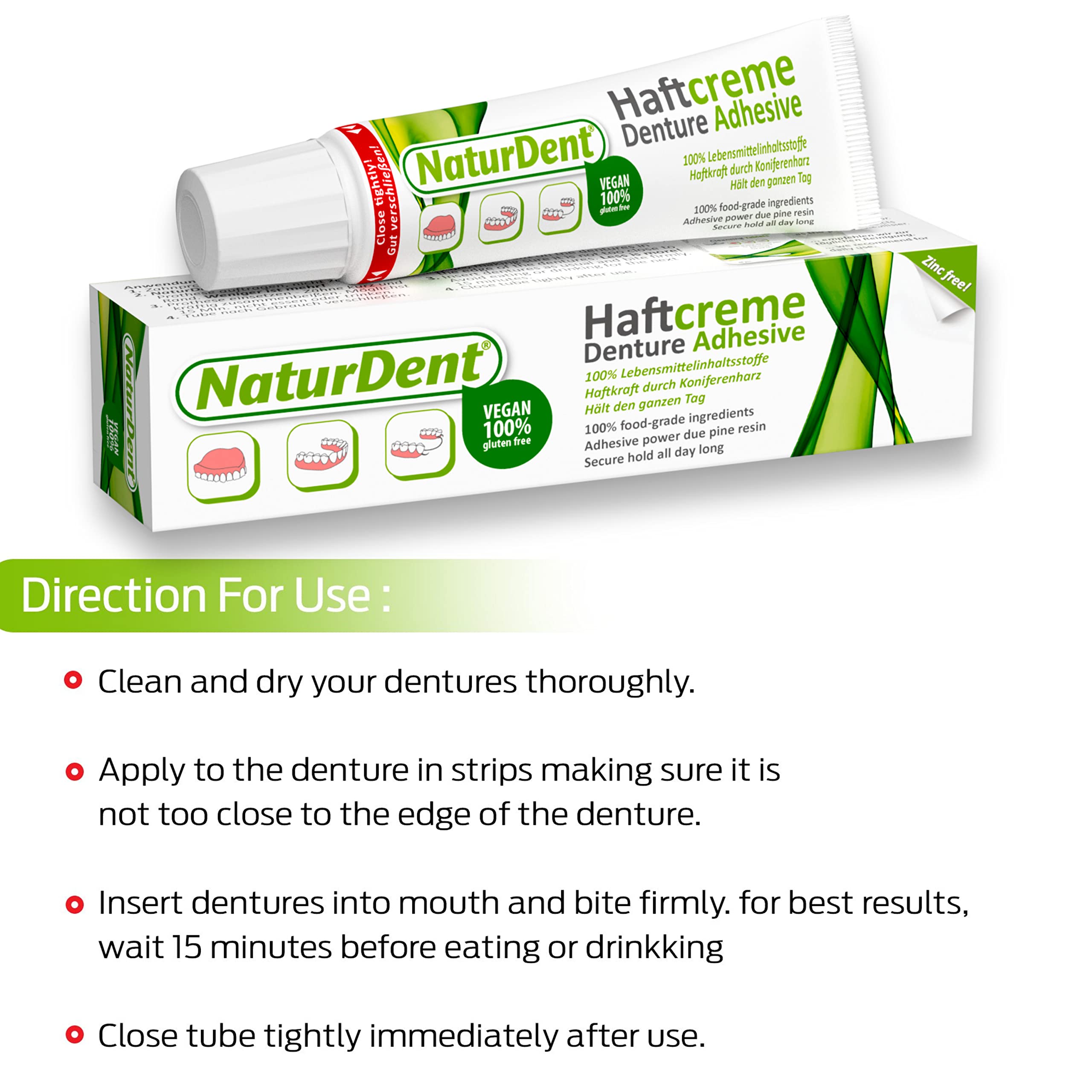 Natural Strong Denture Adhesive NaturDent holds Dentures Longer and Stronger No Zinc No Petrochemical No Paraben No Yucky Taste