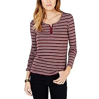 Juniors' Long Sleeve Striped Henley T-Shirt - (Dark Cherry, XLarge)