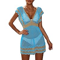 MakeMeChic Women's Deep V Neck Hollow Out See Through Knit Swimsuit Cover Up Beach Dress