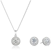 Amazon Essentials womens Sterling Silver Cubic Zirconia Halo Pendant Necklace and Stud Earrings Jewelry Set (previously Amazon Collection)