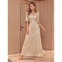 Women's Dress Sequin -Neck Maxi -line Dress Dress (Color : Champagne, Size : Small)