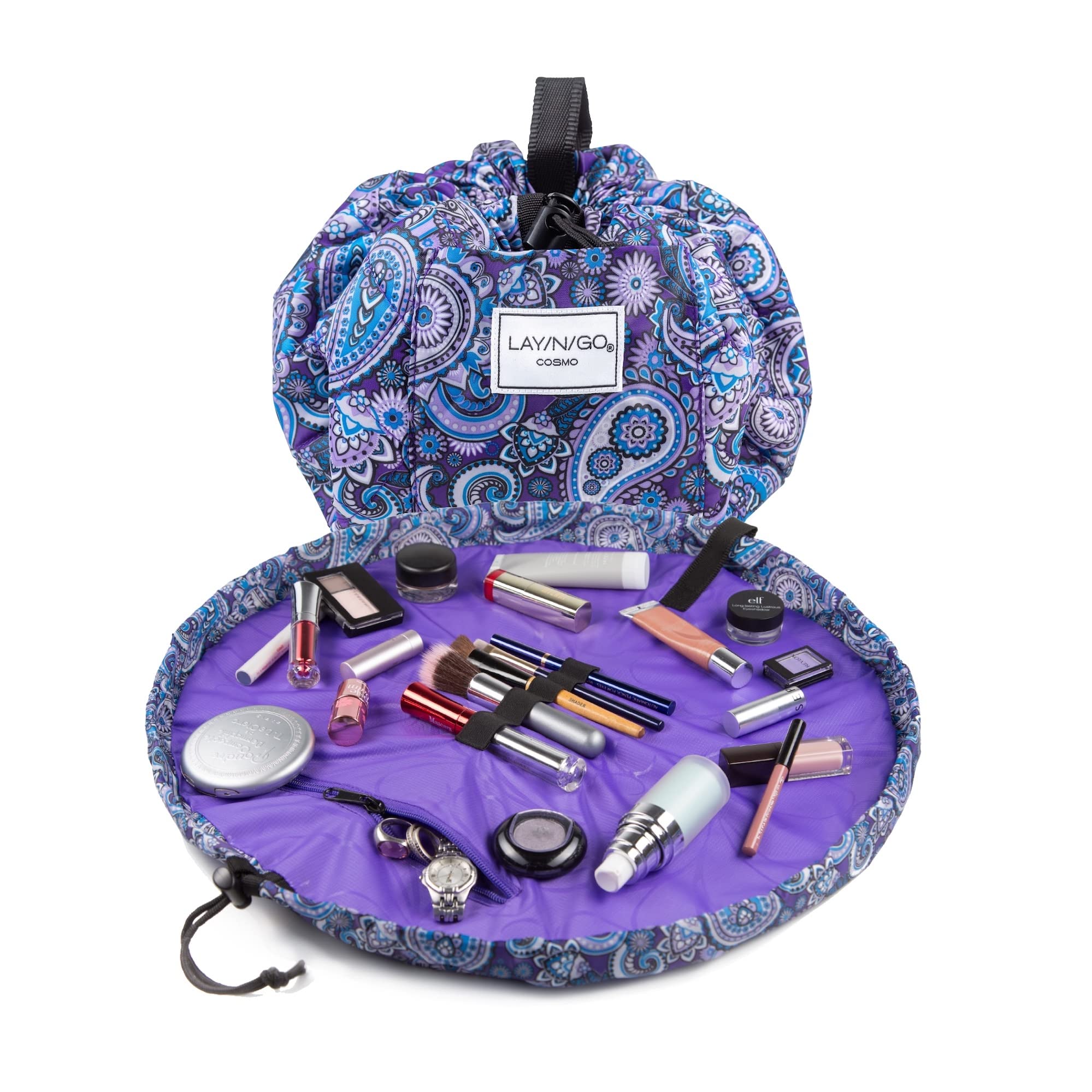 Lay-n-Go Cosmo Drawstring Makeup Organizer Cosmetic & Toiletry Bag for Travel, and Daily Use with a Durable Patented Design, 20 inch, Purple Paisley + Purple