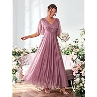 Butterfly Sleeve Ruched Glitter Bridesmaid Dress (Color : Rusty Rose, Size : X-Large)