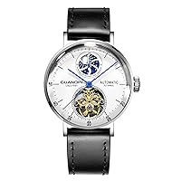 Men Analog Automatic Self Winding Mechanical Skeleton Wrist Watch with Leather Band and Moon Phase