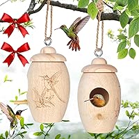 Hummingbird House, 2 PCS Wooden Hummingbird Houses for Outside for Nesting, Screwable Cover Hummingbird Houses with Red Ribbons, Gardening Gifts Home Decoration
