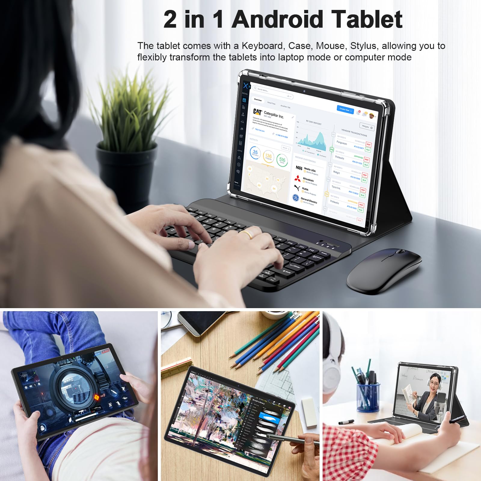 RliyOliy Android Tablet, 2 in 1 Tablet with Keyboard, 10 inch Android 13 Tablet, 6GB RAM 128GB ROM 1TB Expand, Tablet with Case, Mouse, Stylus, 8000mAh Battery, 2.4G/5G WiFi, GPS, Dual Camera