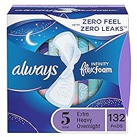 Always Infinity Feminine Pads For Women, Size 5 Extra Heavy Overnight Absorbency, Multipack, With Flexfoam, With Wings, Unscented, 22 Count x 6 Packs (132 Count total)