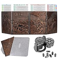 DND Dungeon Master Screen & Metal Bullet Dice Set Bundle: Faux Leather Embossed Dragon & Mimic DM Screen with Polyhedral Dice in Revolver Cylinder Container for RPGs Like D&D, Pathfinder, Warhammer