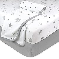 American Baby Company 100% Cotton Playard Set, Fitted Pack N Play Playard Sheet (2 Pack) and a Swaddle Blanket, Super Star and Gray, for Boys and Girls