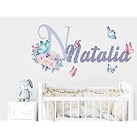 Multicolored Vinyl Wall Sticker - Personalized Glitter Decor for Girls, Women - Floral Butterfly Design, Custom Name Initials