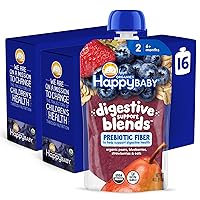 Happy Baby Digestive Support Blends, Organic Stage 2 Baby Food with Prebiotic Fiber, Pear, Blueberries, Strawberries & Oats, 4 Ounce Pouch (Pack of 16)