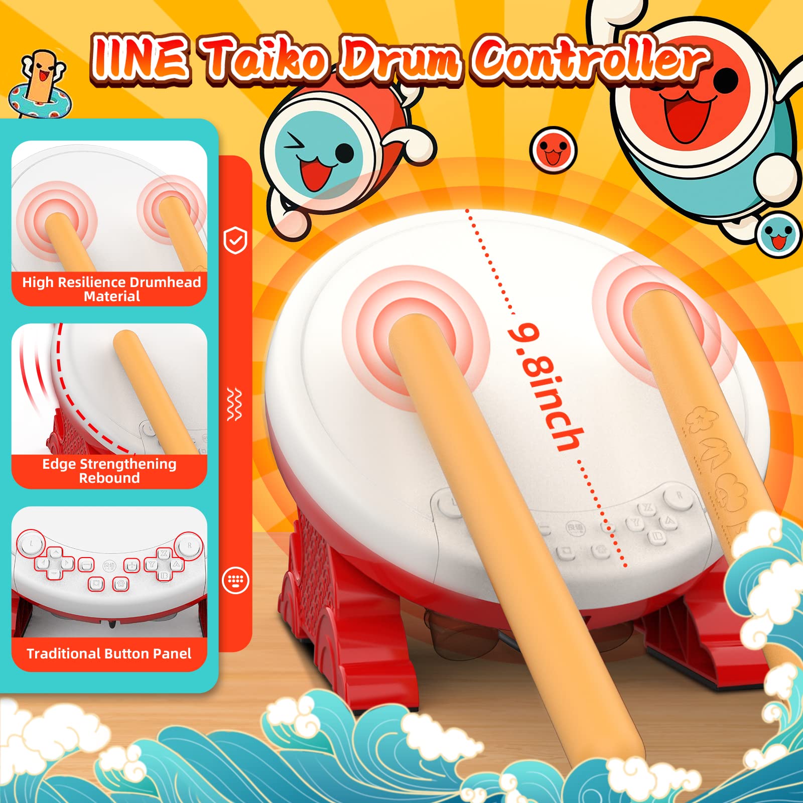 IINE Taiko Drum Controller for Nintendo Switch/PS4/PC, Taiko Game Controller with 2 Drum Sticks, Drum Controller for Taiko no Tatsujin Game