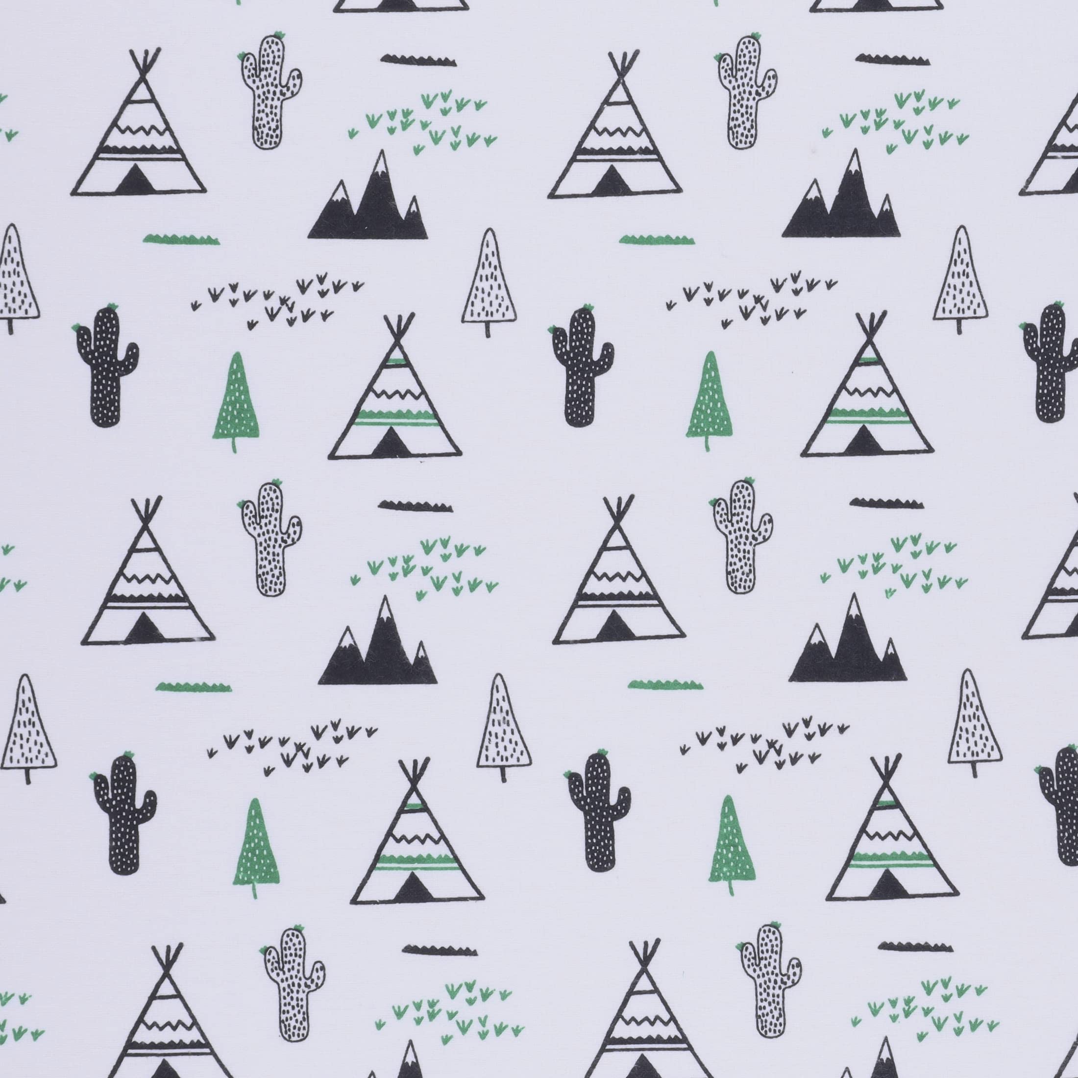 Mook Fabrics Flannel Snuggy PRT Teepee/Cactus, Green/White, 15 Yard Bolt