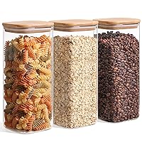 ComSaf 61oz Glass Storage Containers with Lids, Glass Jars with Bamboo Lids, Clear Food Storage Jar, Square Glass Canister Set of 3, Pantry Organizers and Storage for Flour Rice Pasta Tea Coffee Bean