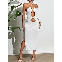 TLULY Sweater Dress for Women Cut Out Tie Backless Split Thigh Sweater Dress Sweater Dress for Women (Color : White, Size : Small)