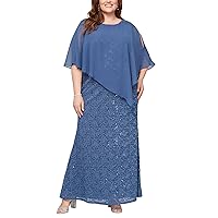 S.L. Fashions Women's Long Sequin Lace Beaded Cold Shoulder Capelet Dress (Plus Size)