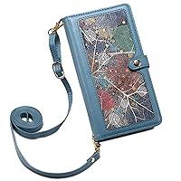 XYX Wallet Case for Samsung Galaxy A25 5G, RFID Blocking Multifunction PU Leather Zipper Pocket Phone Cover with Adjustable Shoulder Strap, Blue
