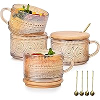 4pcs Set Vintage Coffee Mugs, Overnight Oats Containers with Bamboo Lids and Spoons - 14oz Clear Embossed Glass Cups, Cute Coffee Bar Accessories, Iced Coffee (4pcs Amber)