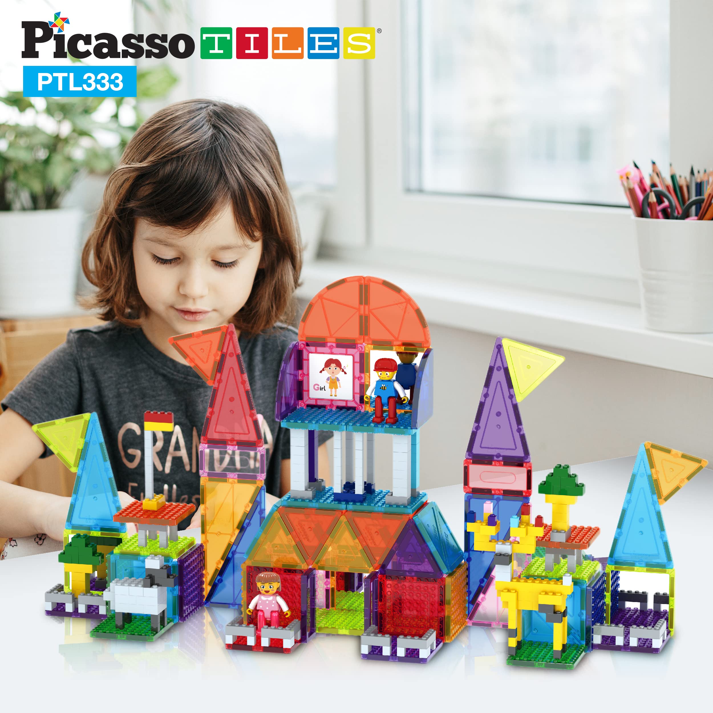 PicassoTiles Building Brick + Magnetic Brick Magnetic Tile Combo Set, 1250 pcs 6 Shape, 11 Color Vibrant Sensory Mix & Match Brick Building, 333pcs Building Blocks STEM Toys, Action Figures Included