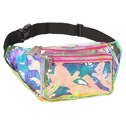 Holographic Clear Fanny Pack Belt Bag | Waterproof fanny pack for Women - Crossbody Bag Bum Bag Waist Bag Waist Pack - For Halloween costumes, for Hiking, Running, Travel and Stadium Approved (Pink)