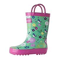 OAKI Kids Rubber Rain Boots with Easy-On Handles, Green Floral, 4Y US Big Kid