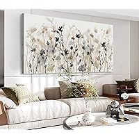 VEAEE Abstract Floral Canvas Wall Art Grey Cream White Grass Flowers Canvas Pictures Modern Landscape Painting Botanic Artwork for Living Room Bedroom Kitchen Office Wall Decor Ready to Hang 20