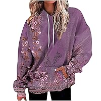 Womens Long Sleeve Hoodies Graphic Design Vintage Floral Print Hooded Sweatshirt Casual Pullover Tops with Pocket