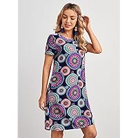 Women's Dress Geo Print Round Neck Dress MCTEST (Color : Multicolor, Size : Small)