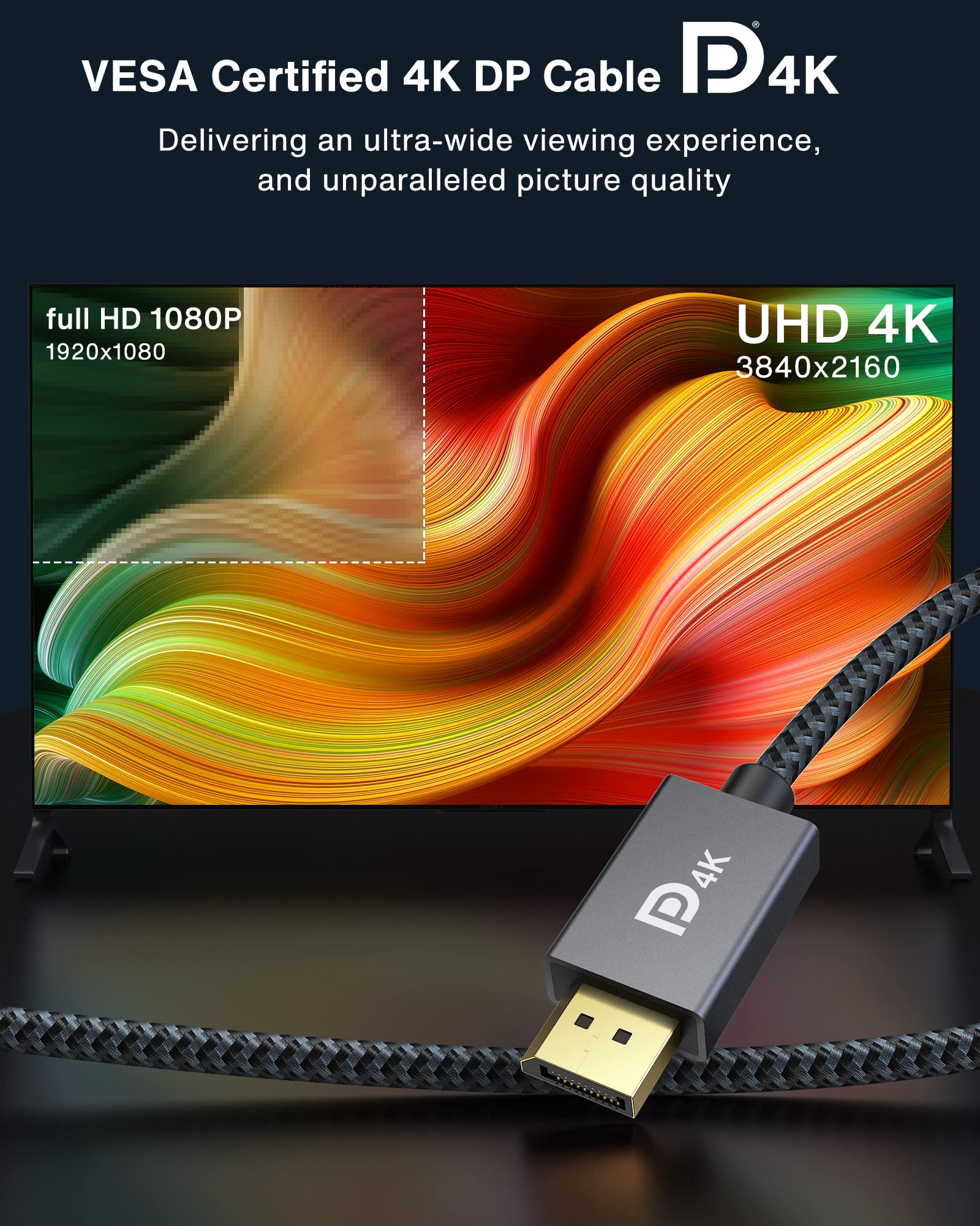 IVANKY VESA Certified DisplayPort Cable, 6.6ft DP Cable 1.2,[4K@60Hz, 2K@165Hz, 2K@144Hz], Gold-Plated Braided High Speed Display Port Cable 144Hz, for Gaming Monitor, Graphics Card, TV, PC, Laptop