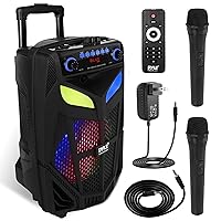 Pyle Portable Bluetooth PA Speaker System-600W 10” Indoor/Outdoor BT Speaker-Includes 2 Wireless Microphones, Party Lights, USB SD Card Reader, FM Radio, Rolling Wheels-Remote Control PPHP101WMB