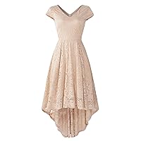 Women's V-Neck Sexy Cocktail Swing Dress Floral Lace Hi-Low Bridesmaid Dress