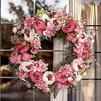 Wreath 26 Inches - Peony Flower Spring Wreaths for Front Door Outside - Summer Floral Bud Wreath -Handmade Door Wreaths,Pink&Purple&Green