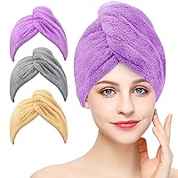 BEoffer Microfiber Hair Towel, 3 Packs Hair Turbans for Women, Men,Kids, Quick Dry Hair Wrap Towels for Curly,Long, Curly Hair Anti Frizz Turbie Twist (Gray+Khaki+Purple)