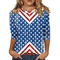 Womens 3/4 Sleeve Tops Independence Day Summer Casual USA Printed Flag Day Crew Neck 2024 Trendy Tees