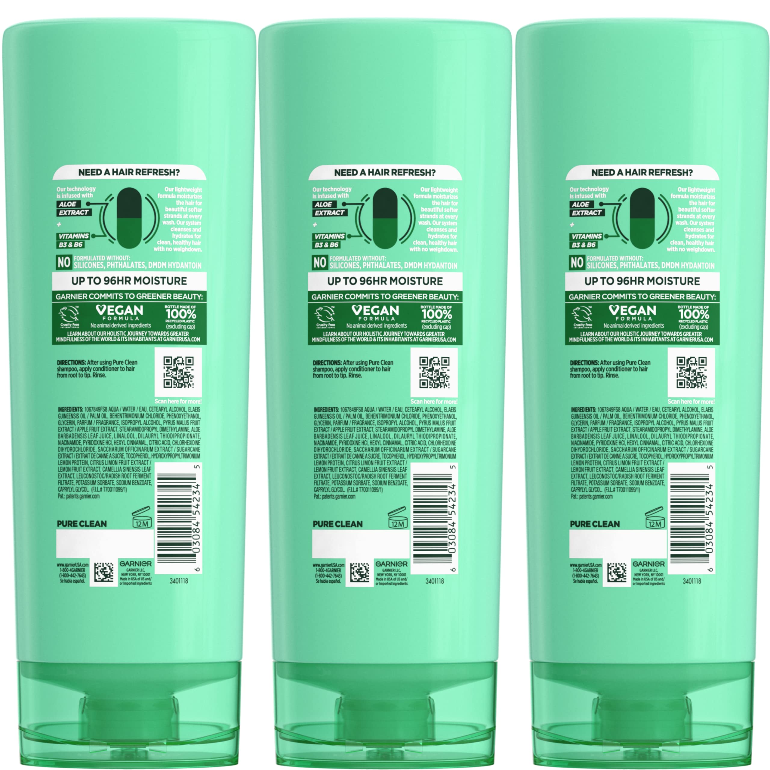 Garnier Fructis Pure Clean Hydrating Conditioner, 12 Fl Oz, 3 Count (Packaging May Vary)