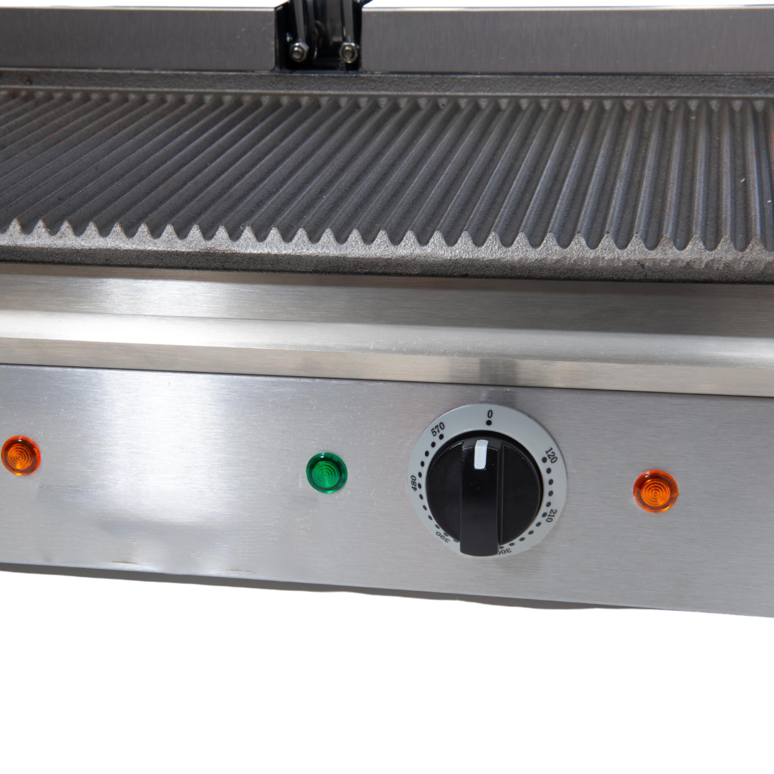 FSE SG-813 Double Electric Sandwich Panini Grill with Cast Iron Grooved Plates, Stainless Steel, Oil Tray, 120v