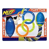 Nerf Dog 3-Piece Dog Toy Gift Set, Includes 7in TPR Classic Squeak Football, 10.5in TPR 3 Ring Tug, and 14.5in TPR 2-Part Nitro Blitz Squeak Football with Rope Tail, Nerf Tough Material, Multicolored