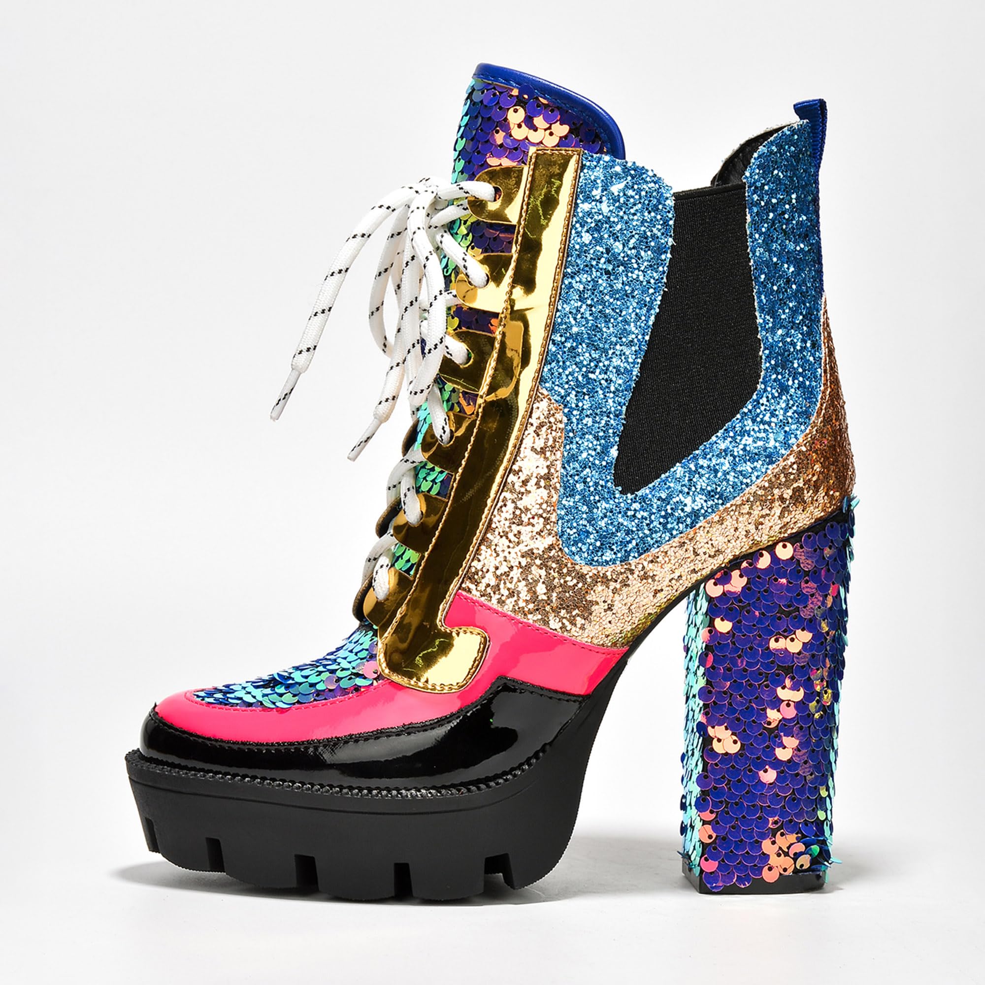Cape Robbin Nell Gold Glitter Platform Chelsea Ankle Boots with Chunky Block Heels for Women Featuring a Sequined Tongue and Heel