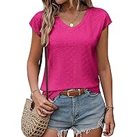 Zeagoo Womens 2024 Summer V Neck Eyelet T Shirts Casual Cap Sleeve Loose Fit Dressy Blouses Basic Shirts