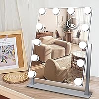 Hollywood Vanity Mirror with Lights, 12 Dimmable LED Bulbs Lighted Makeup Mirror with Detachable 10X Magnification Mirror, 1000mAh Rechargeable, 3 Color Lights, Touch Control