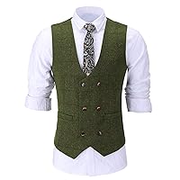 Men‘s Plaid Tweed Vest Vintage Double Breasted Waistcoat Wool Groomsmen Suits Vest for Wedding