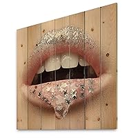 Female Lips With A Gel On The Lips & Stars Modern & Contemporary Wood Wall Decor, Silver Wood Wall Art, Large People Wood Wall Panels Printed On Natural Pine Wood Art