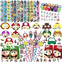 108PCS Mario Party Favor Supplies -Reusable Drinking straws Masks&Slap Bracelets Candy Bags&Mario Stickers Gifts for Kids Birthday Mario Themed Party Favors Birthday Decorations