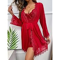 Lingerie for Women 3pack Contrast Lace Mesh Slips with Belted Robe Sleep & Lounge (Color : Burgundy, Size : Large)