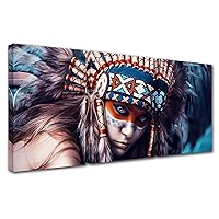 Tucocoo Paintings for Living Room Feathered Indians Girl Pictures 3 Pcs/Multi Panel Canvas Beauty Native Woman Wall Art Contemporary Artwork Home Decor Wooden Framed Ready to Hang 42x20 Inches