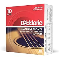 D'Addario Guitar Strings - Phosphor Bronze Acoustic Guitar Strings - EJ17-10P - Rich, Full Tonal Spectrum - For 6 String Guitars - 13-56 Medium, 10-Pack