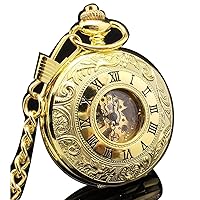 Golden Copper Double Case Steampunk Skeleton Mechanical Pendant Pocket Watch Chain
