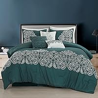 Chezmoi Collection Linz 7-Piece Teal/White Paisley Floral Scroll Embroidered Comforter Set, King