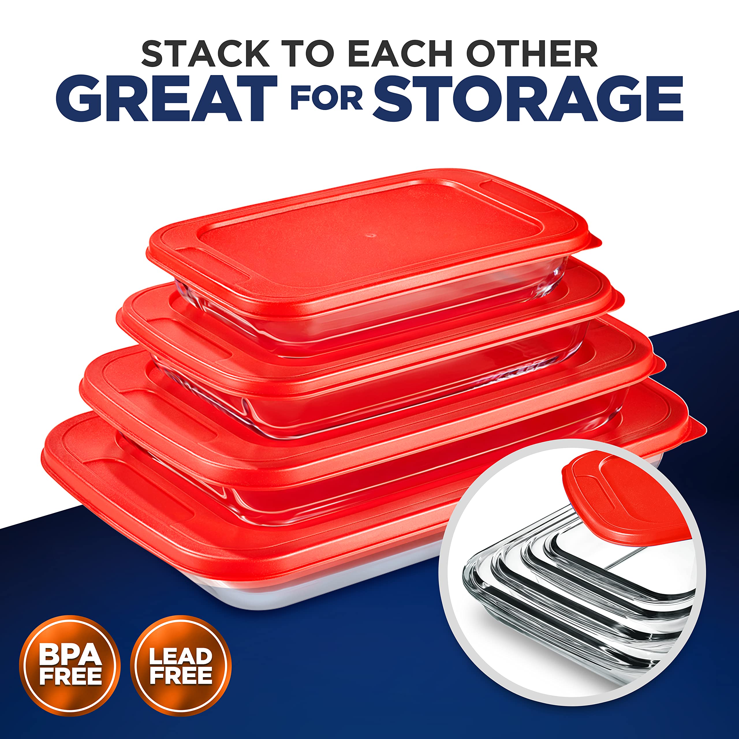 NutriChef 8-Piece Glass Bakeware Set - Glass Rectangular Baking Dishes with Red PE Lids, Ideal for Freezer-to-Oven Cooking, Casseroles, and Easy Food Storage, Stackable Design