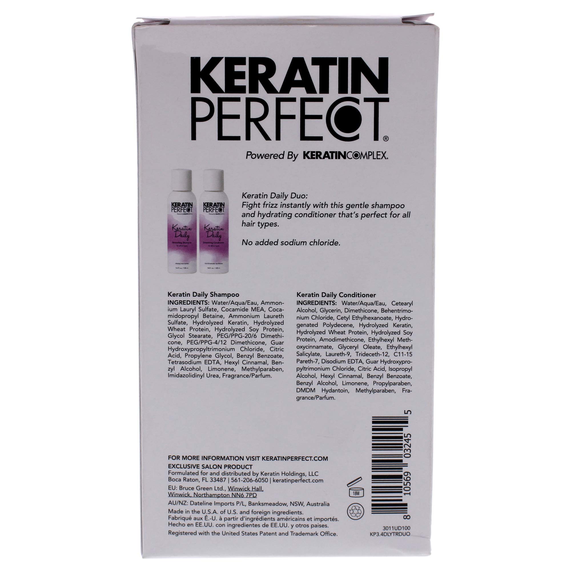 Keratin Perfect - Daily Travel Duo - Shampoo & Conditoner - Smooth glossy hair - Anti - Frizz - Prolongs treatment - All Hair Type - sulphate Paraben Free - 3.4 Oz